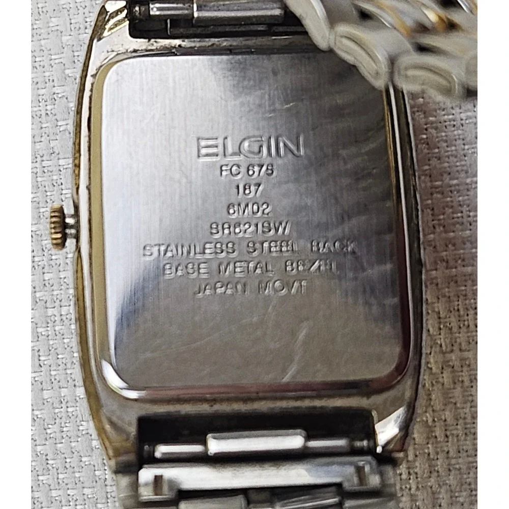 Elgin Two Tone Gold‎ Silver Tone Rectangular Day Date Quartz Watch Men's - READ